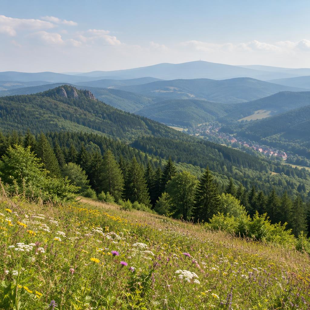 Groene beboste heuvels van het Harz-gebergte met een bloemenweide op de voorgrond en een dorp in het dal onder een zomerse hemel.
