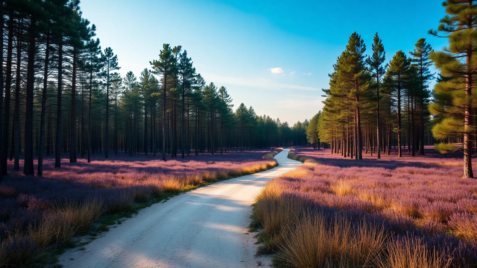 Zandpad door een Limburgs naaldbos met bloeiende purperen heide bij Hechtel-Eksel.