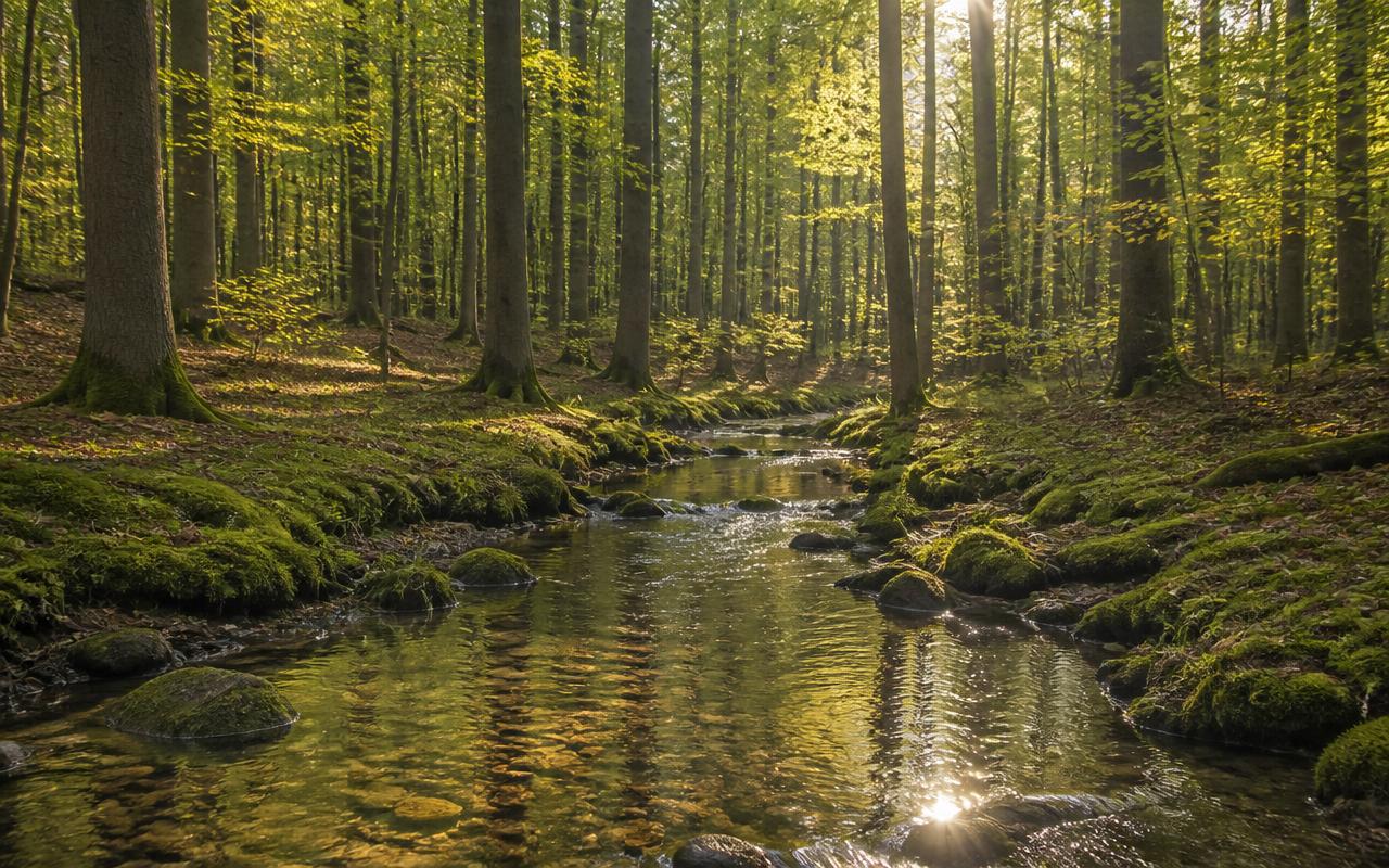 Heldere sprengenbeek door beukenbos met mos en zonlicht tussen de stammen op de Veluwe bij Beekbergen.