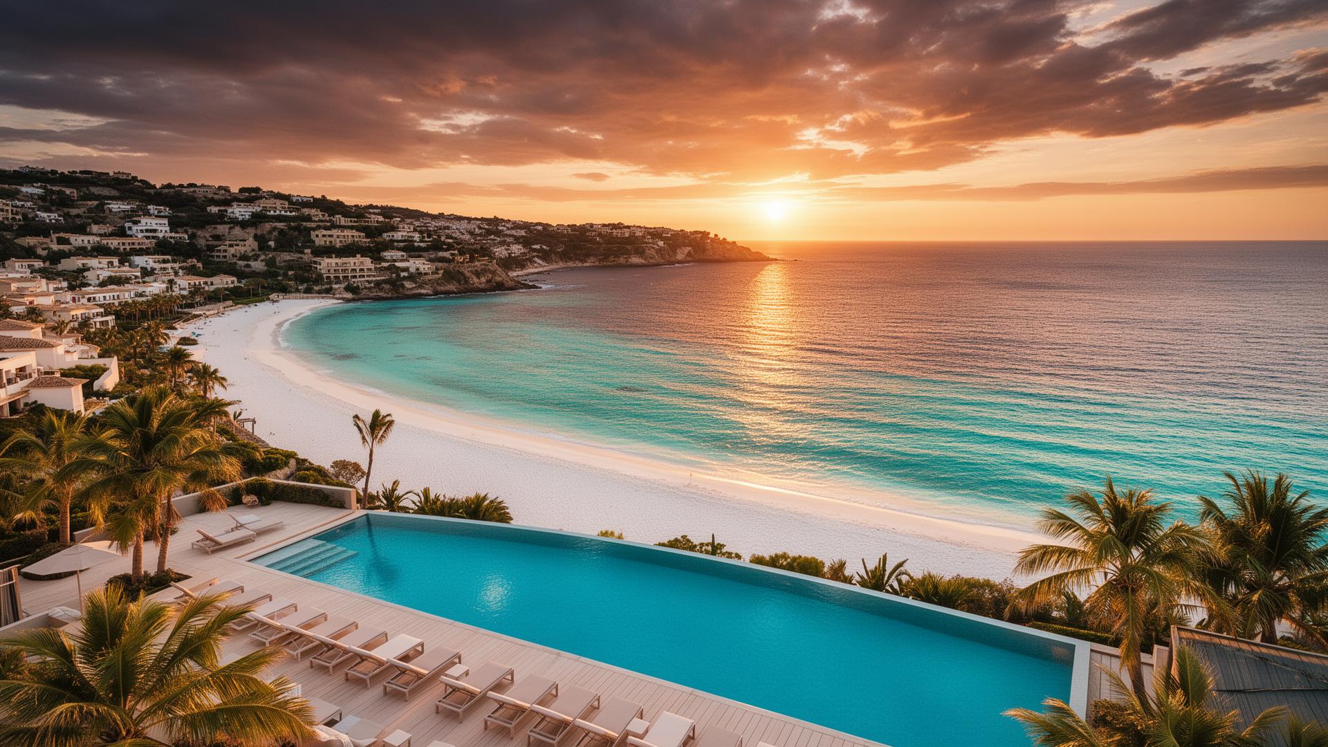 Luxe kustresort met infinity pool, turquoise zee en zonsondergang aan de Middellandse Zee