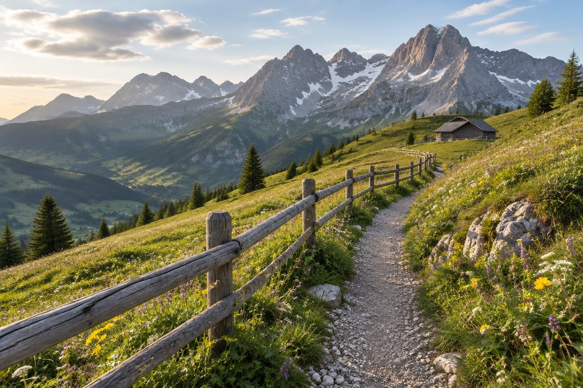 Grindpad met houten hekwerk over een bloeiende alpenweide in de Hochkönig-regio