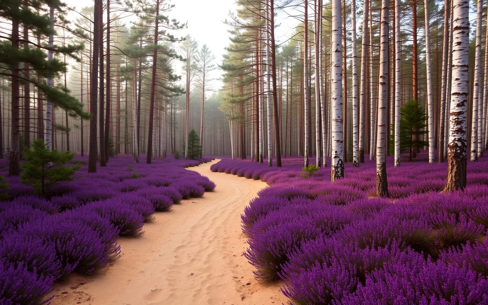 Naaldbos met paarse heide en een zandpad in de Hoge Kempen bij Zutendaal in Belgisch Limburg.