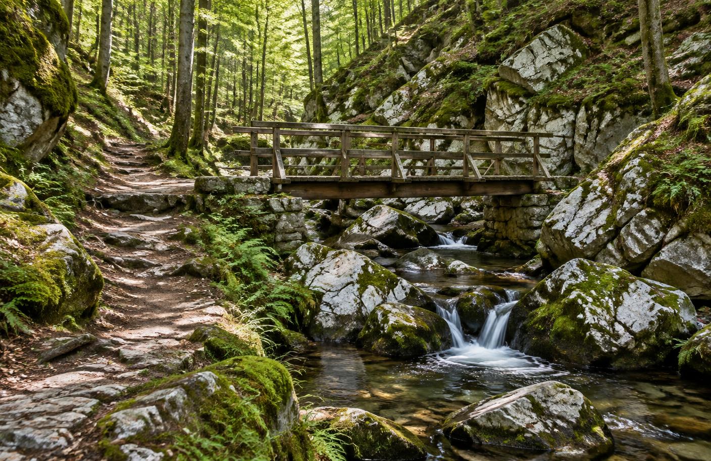 Een wandelpad met een houten voetbrug over een beek met mossige rotsen en kleine watervallen in een zonnig bos.