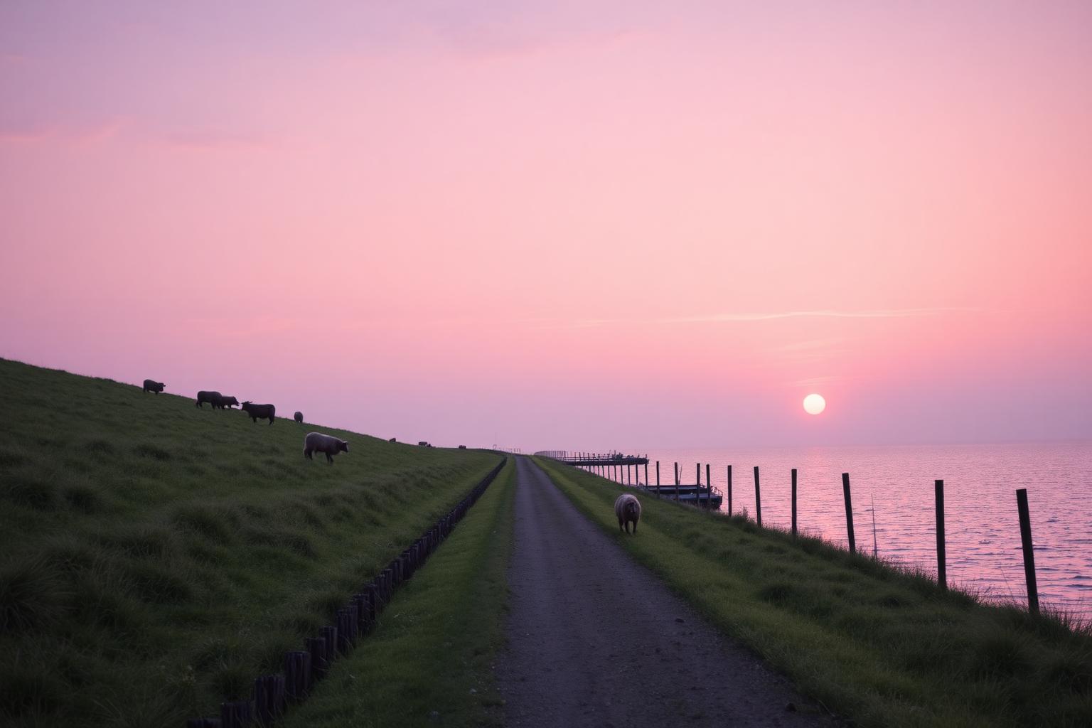 Grasdijk langs het IJsselmeer bij zonsondergang met grazende schapen en een roze avondlucht boven het water.