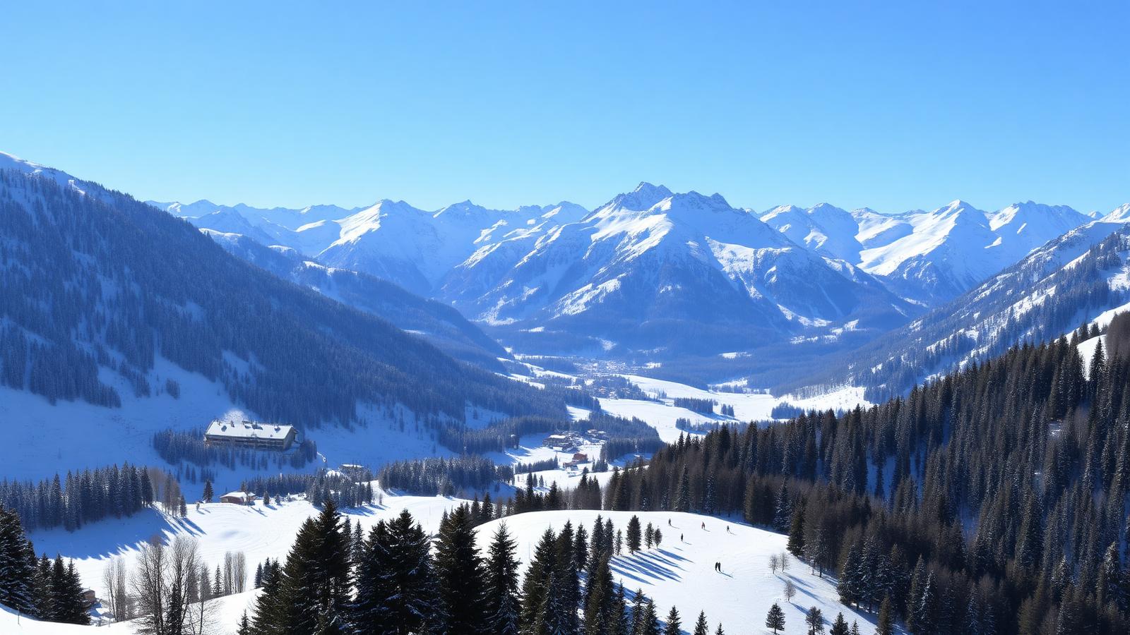 Besneeuwde pistes en bergtoppen van de Silvretta Arena boven Ischgl in Tirol.