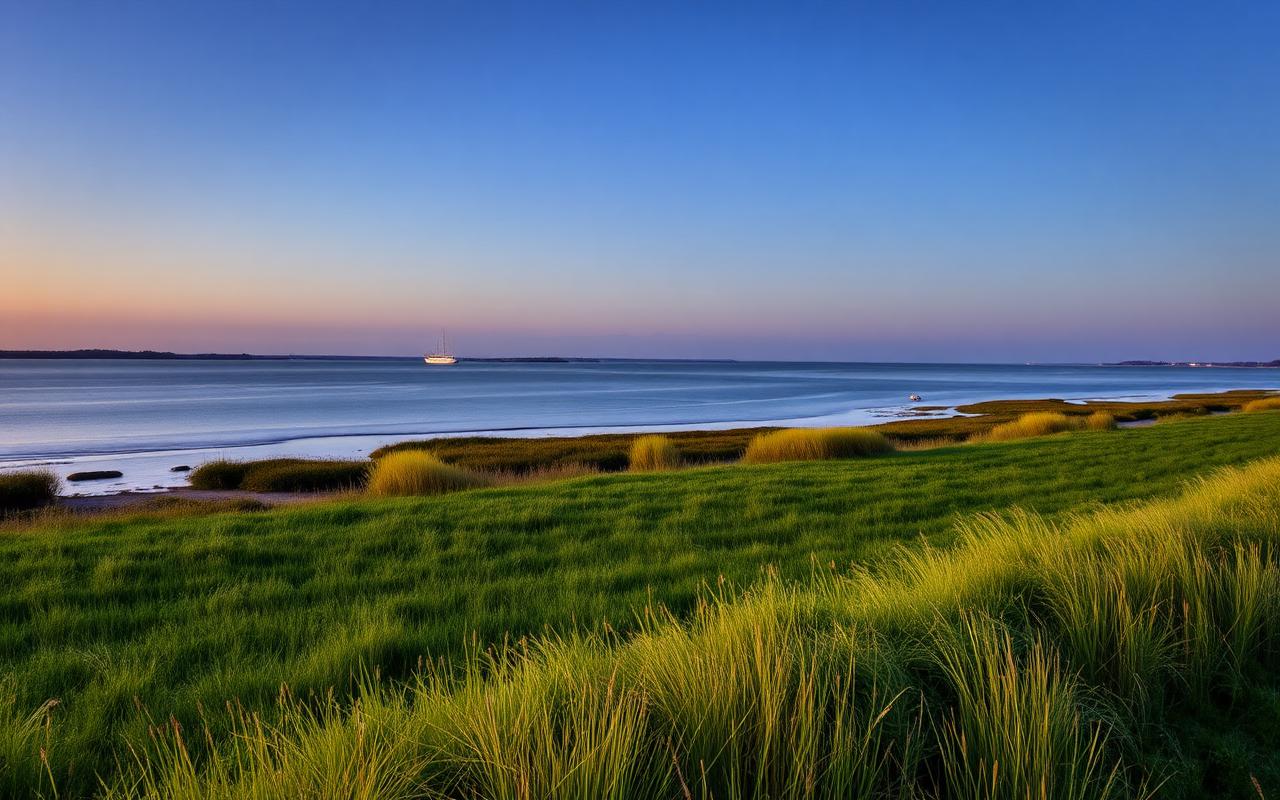 Het Veerse Meer bij Kamperland in avondlicht met zeilboten op het water en rietkragen op de voorgrond.