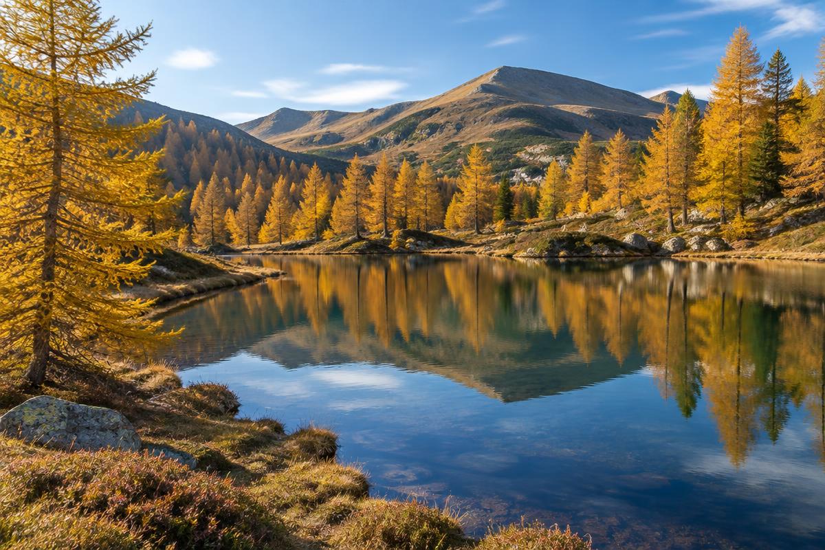 Bergmeer met goudgele lariksen in de Nockberge tijdens de herfst
