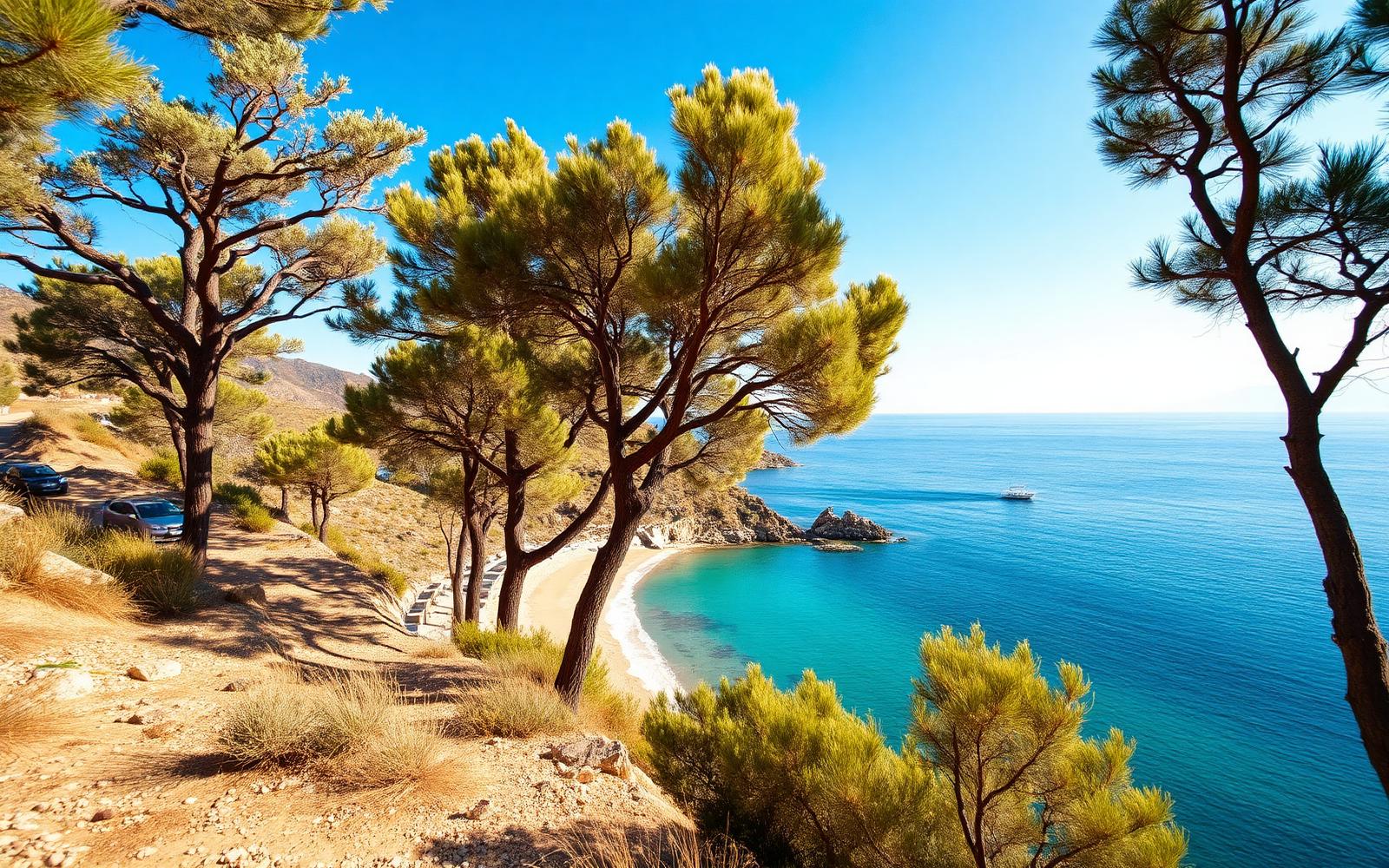 Beschutte baai met helder turkoois water, pijnbomen en lichte rotsen aan de oostkust van Rhodos bij Kolymbia.