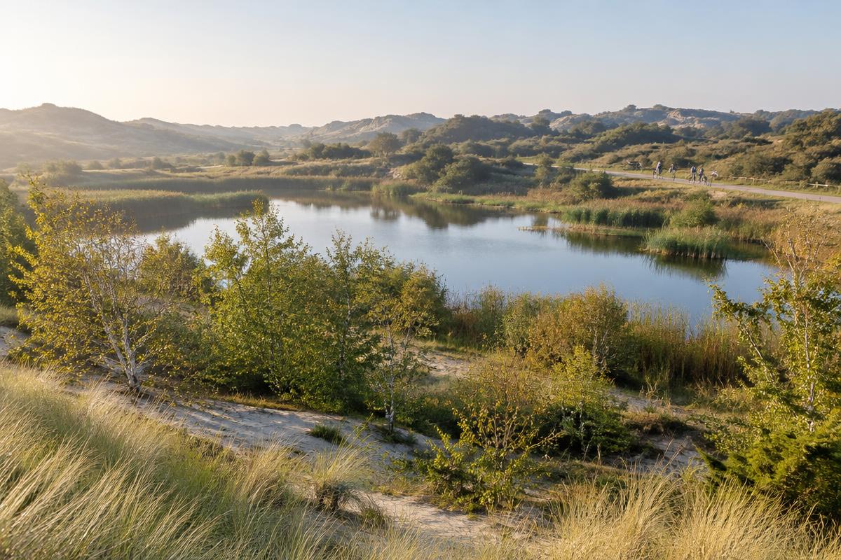 Duinvallei met een meertje, jonge berken en riet in zacht ochtendlicht, met in de verte fietsers op een pad door de duinen.