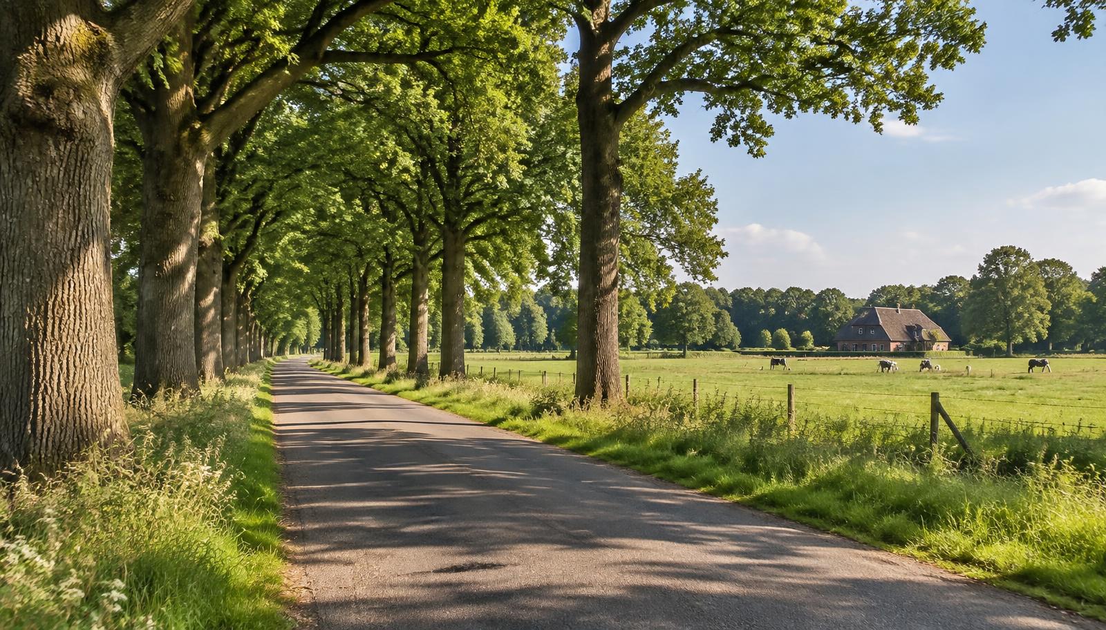 Landweg onder een laan van oude eiken langs groene weilanden met grazende koeien en een boerderij in de verte.
