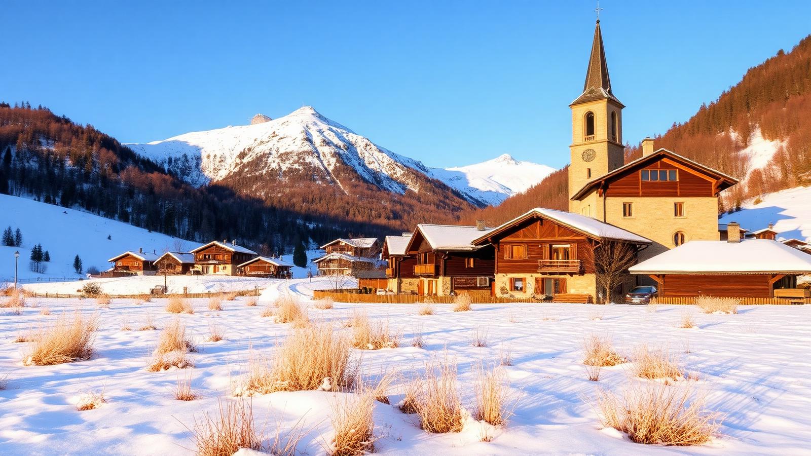 Winterlandschap bij La Clusaz in de Aravis met besneeuwde bergtoppen en een dorp in de vallei.