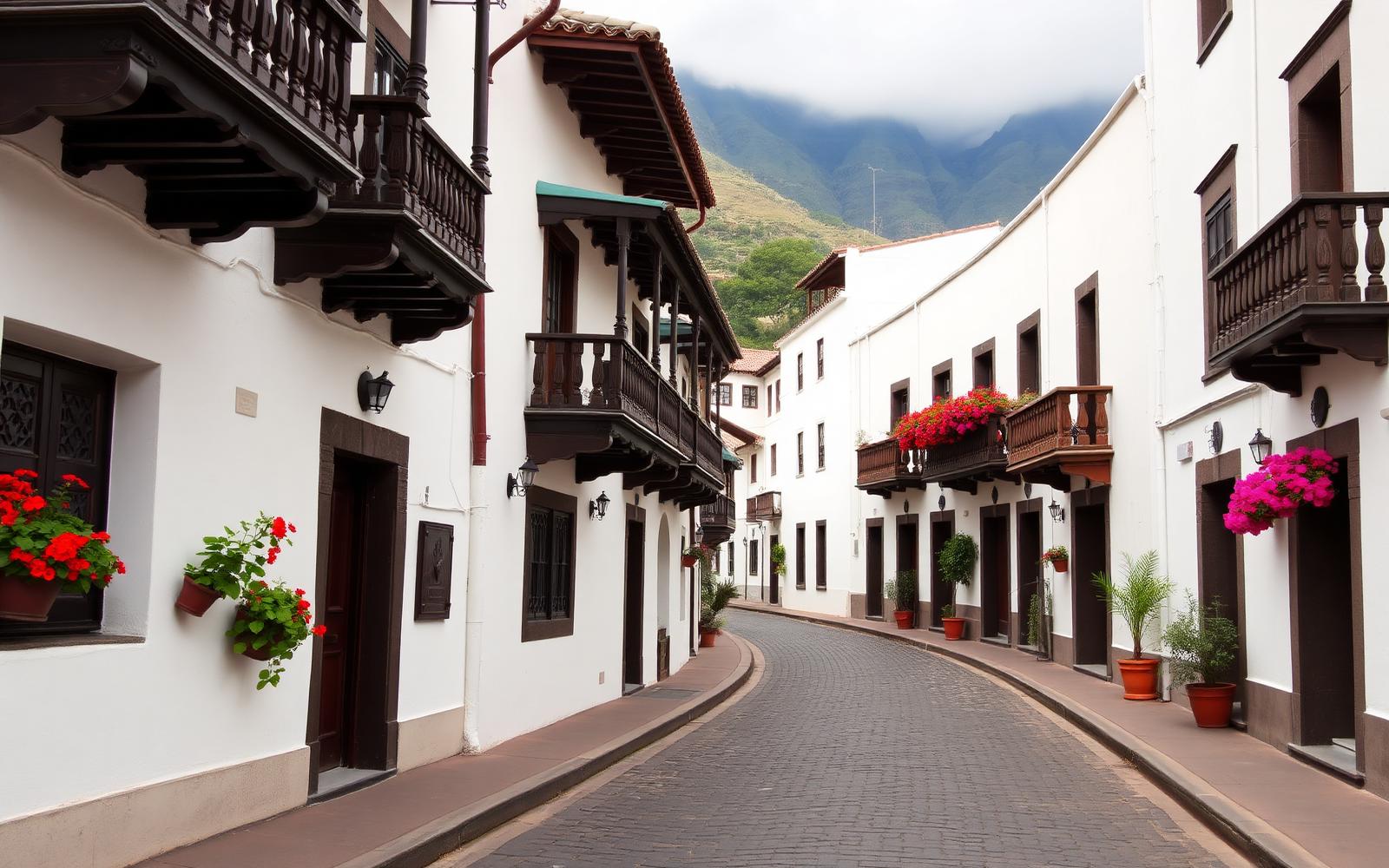Traditionele Canarische houten balkons aan een geplaveide straat in het historische centrum van La Orotava op Tenerife.