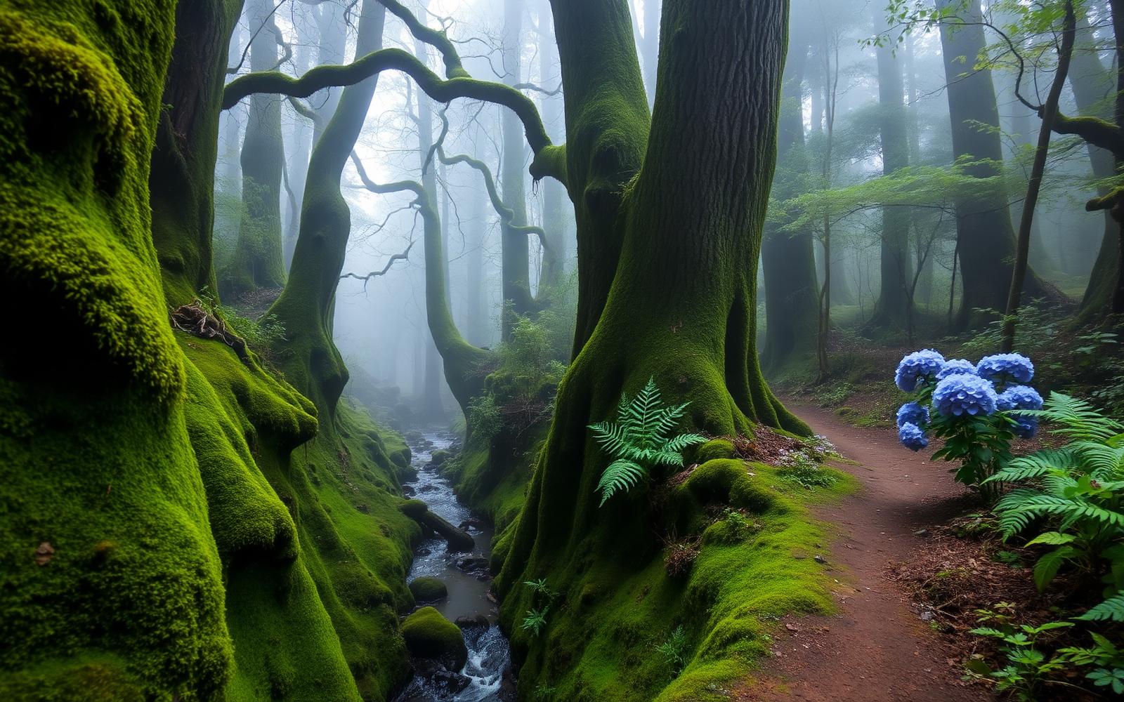 Vlak wandelpad langs een smal irrigatiekanaal door dicht groen laurierwoud op Madeira.