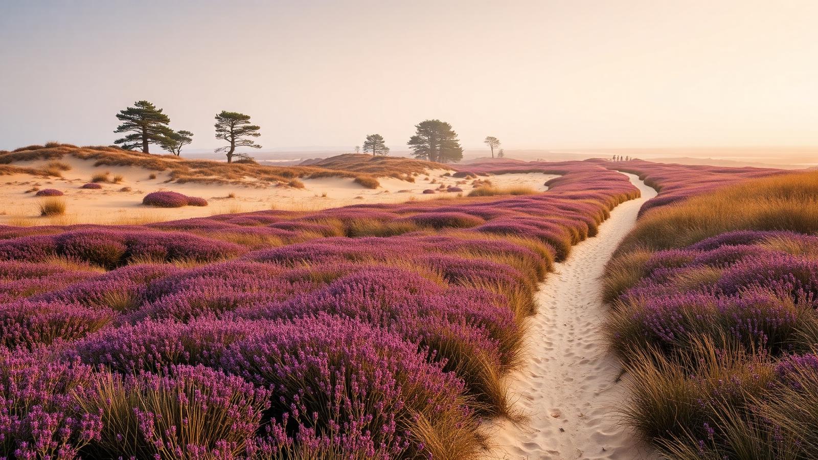 Rivierduinen in Nationaal Park De Maasduinen met bloeiende heide, losse vliegdennen en een smal zandpad in ochtendnevel.