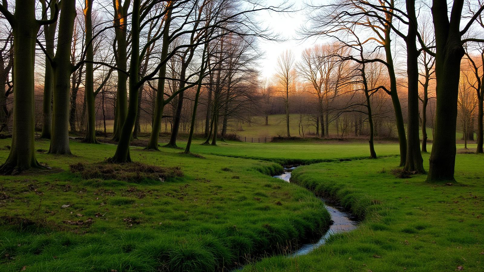Oud loofbos met een open weide en een smalle beek in het Midden-Limburgse landgoedlandschap bij avondlicht.