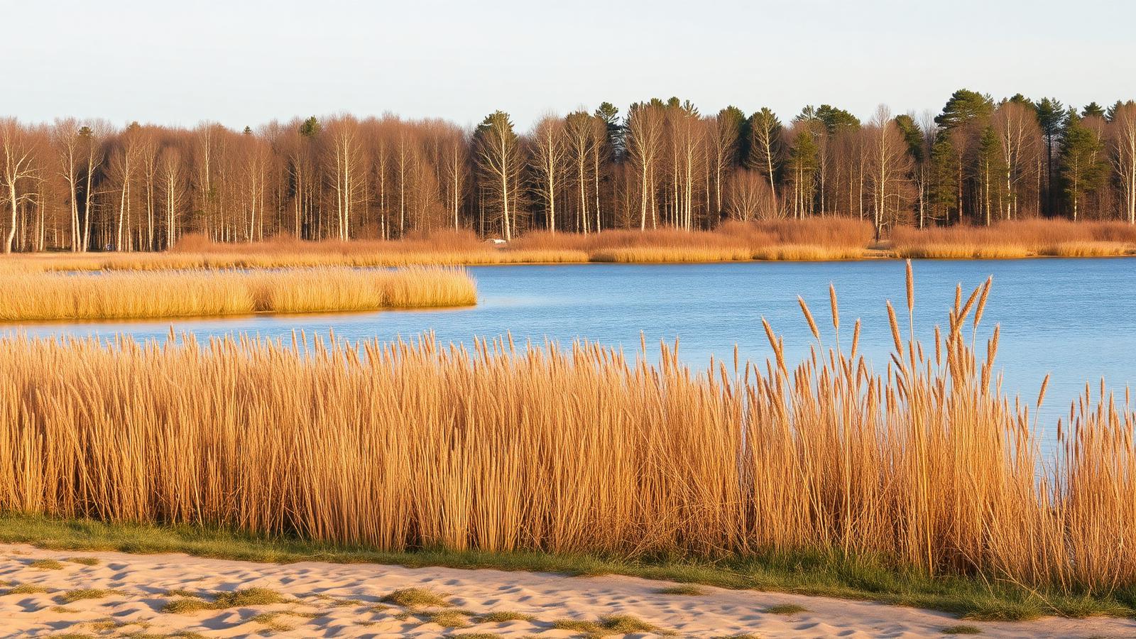 Grote recreatieplas in Noord-Limburg met brede rietkragen, een zandoever en berken en naaldbos op de achtergrond in warm avondlicht.