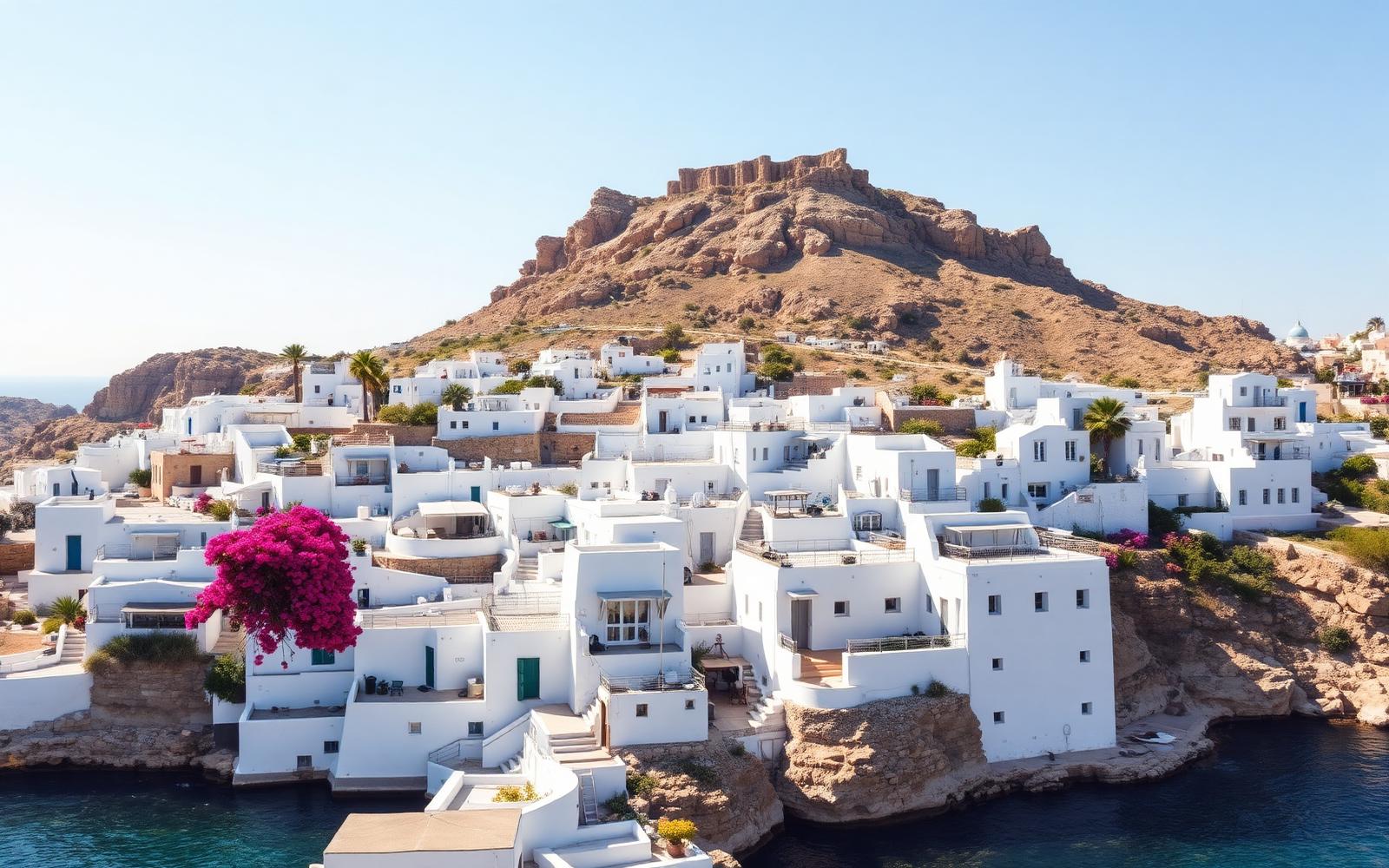 Wit dorp Lindos op Rhodos met kubusvormige huizen en de antieke akropolis op de rots erboven.