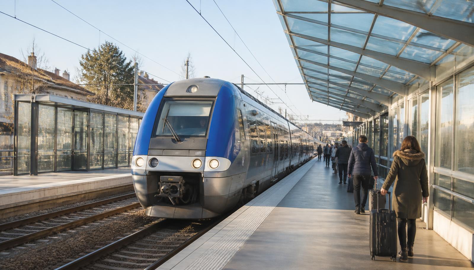 Regionale trein komt aan op een licht perron met reizigers en rolkoffers ten oosten van Parijs.