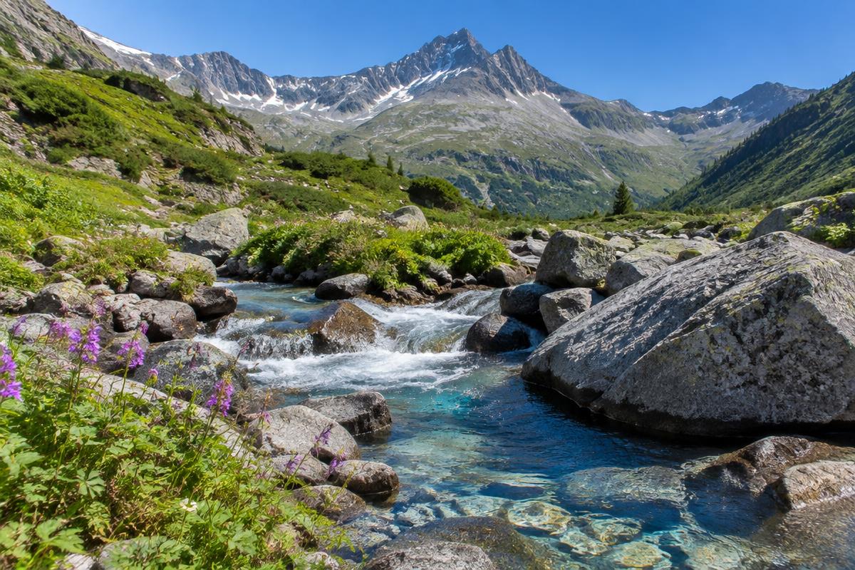 Een heldere bergbeek met turquoise water tussen grote granieten rotsblokken en paarse bloemen, met besneeuwde toppen op de achtergrond.