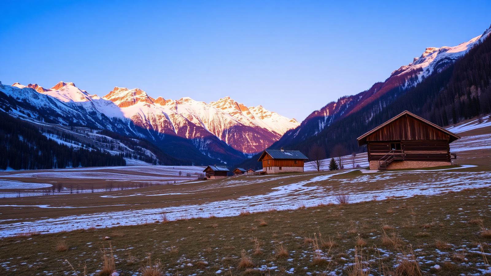 Winterlandschap in het Montafon met besneeuwde Silvrettabergen, een skipiste en een dorp in de vallei.