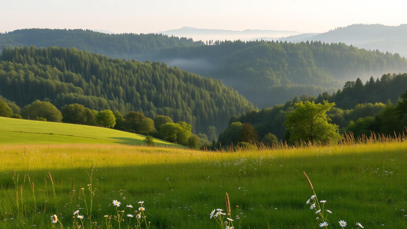 Bosrijke heuvels en een bloemenweide in de Belgische Ardennen bij Neufchâteau in de ochtendmist.