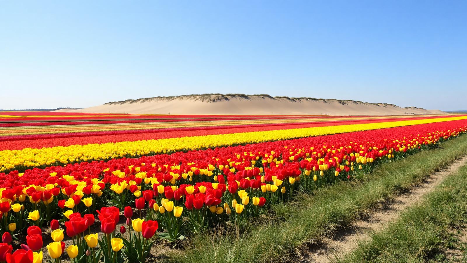Bloeiende tulpenvelden in rode en gele stroken achter een duinrand in Noord-Holland op een heldere lentedag.
