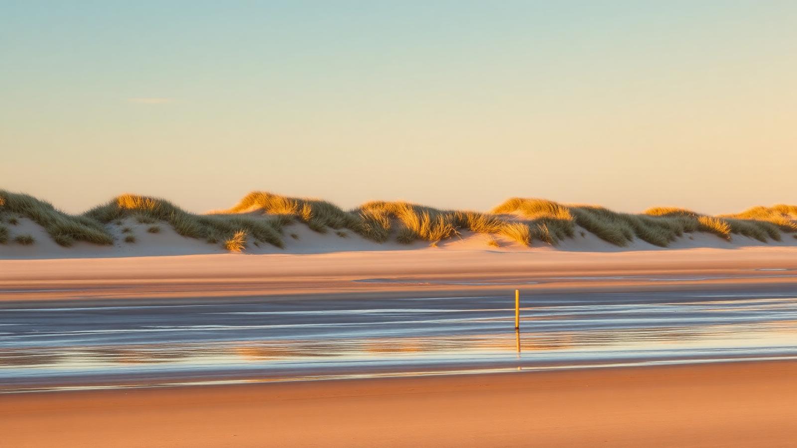 Breed Noordzeestrand met natte zandreflecties, een gele strandpaal en een rij met helmgras bedekte duinen in laag avondlicht.