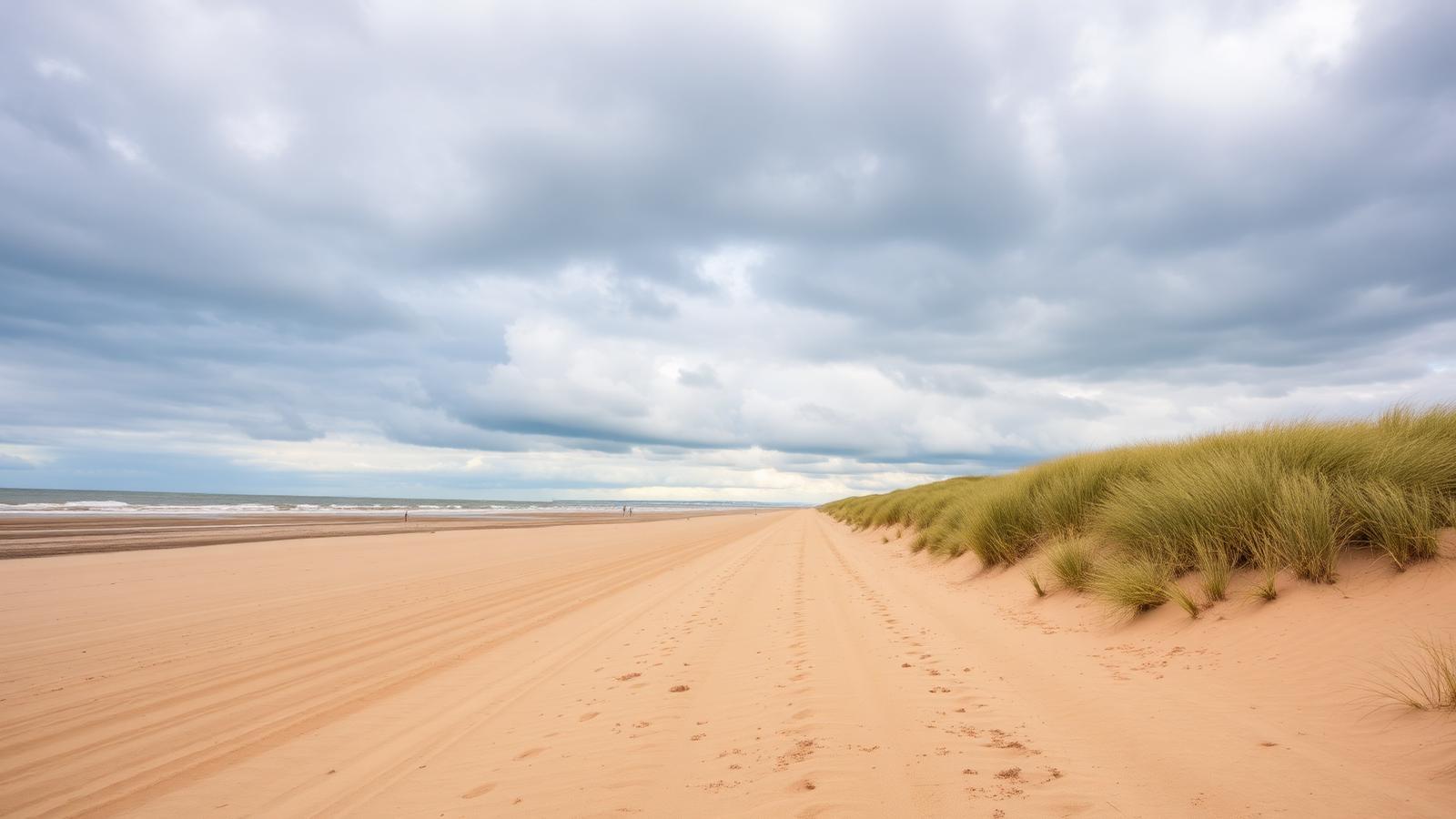 Breed zandstrand met hoge duinrand en helmgras onder een dramatische wolkenlucht aan de Noord-Hollandse kust.