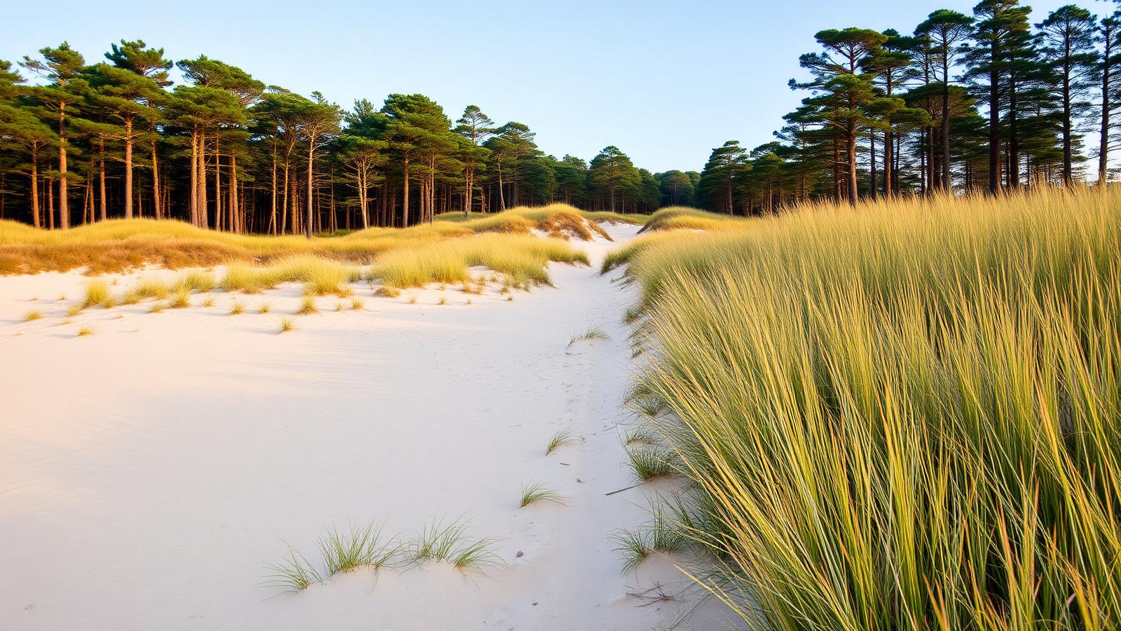Hoge beboste duinen met naaldbomen, helmgras en een zandpad in de Schoorlse Duinen in Noord-Holland.