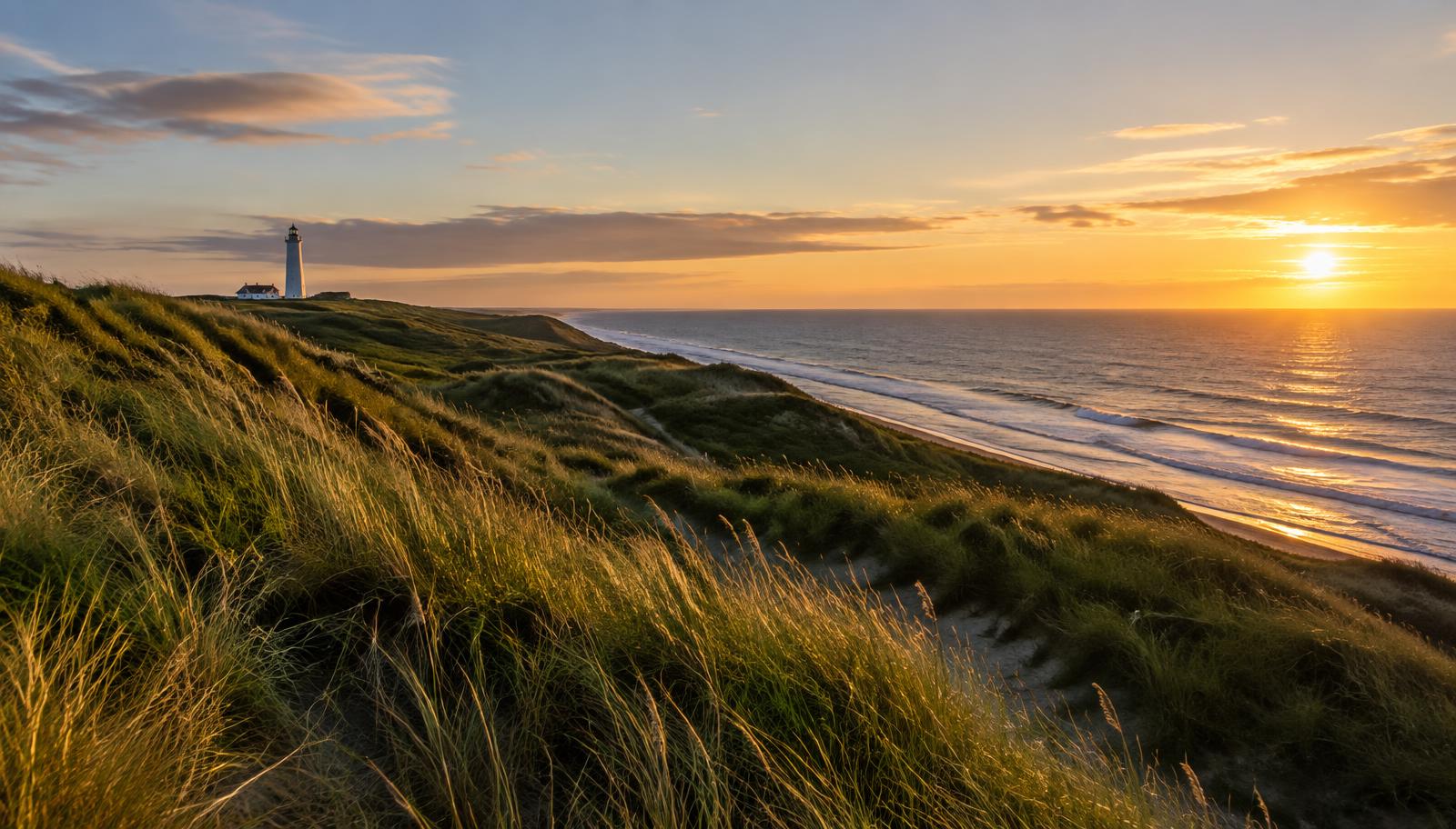 Grasduinen boven de Skagerrak bij Hirtshals met in de verte een witte vuurtoren bij zonsondergang