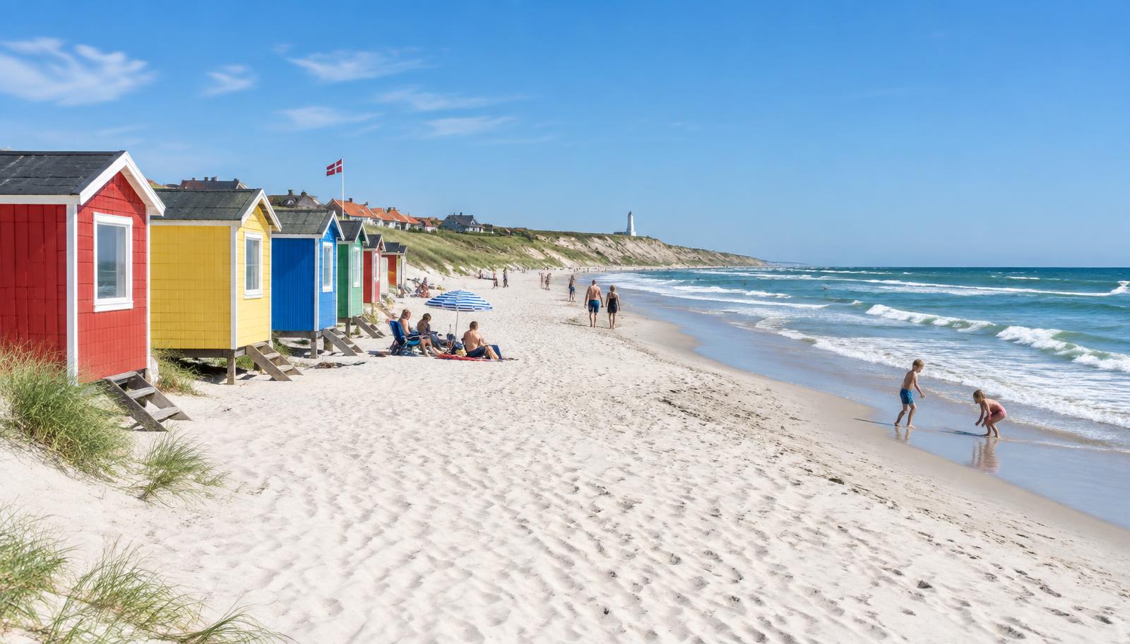 Kleurrijke houten badhuisjes op een breed wit zandstrand aan de Noordzee bij Løkken