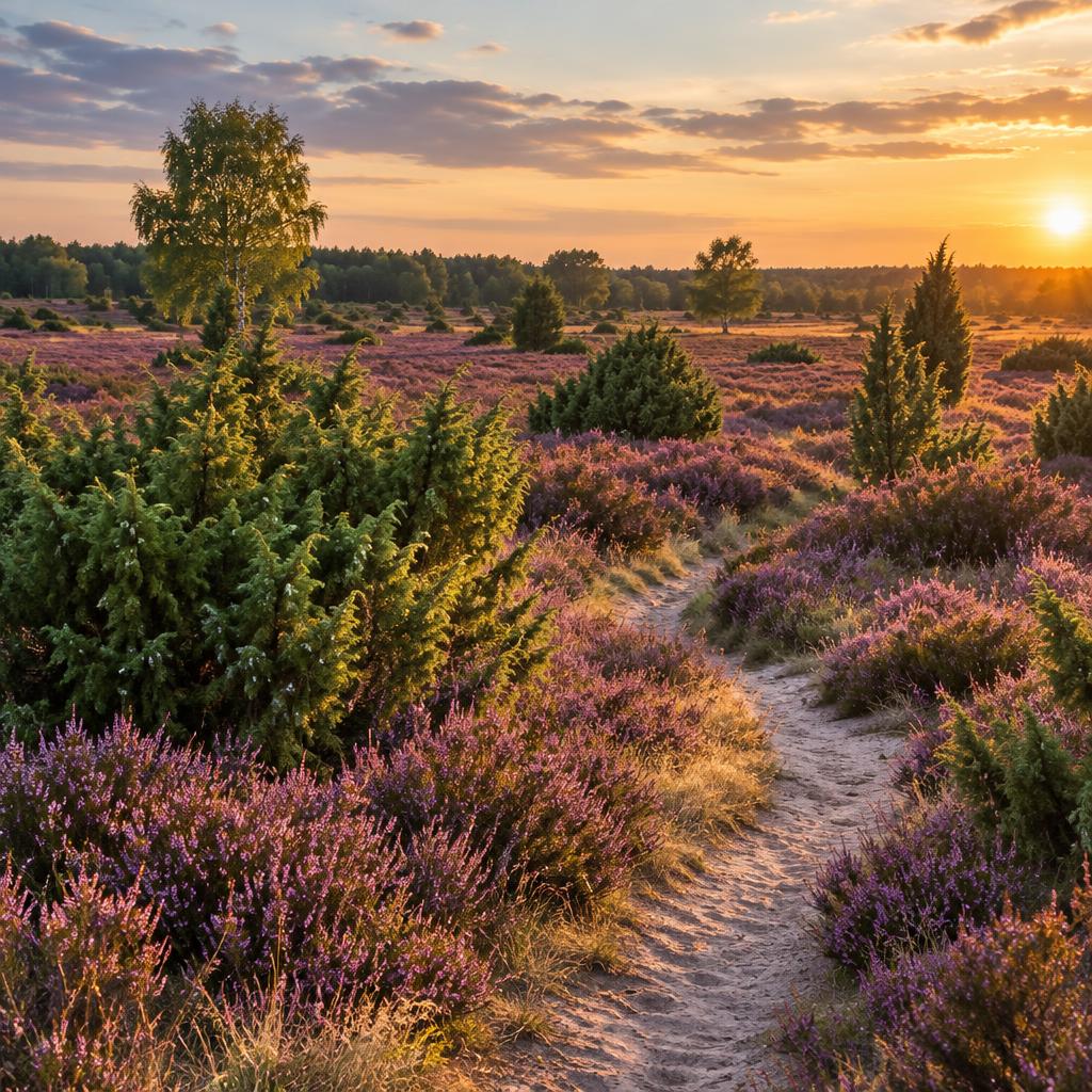 Een zandpad door paars bloeiende heide met jeneverbesstruiken bij zonsondergang.