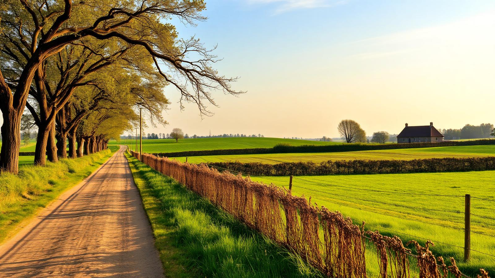 Oude eikenlaan in het Twentse coulisselandschap bij Enter met houtwallen, een grasveld en zacht ochtendlicht tussen de stammen.