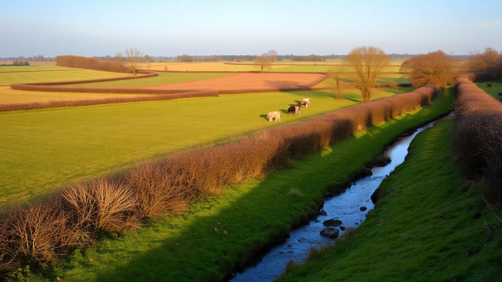 Sallands coulisselandschap met oude houtwallen, een smalle beek en grazende koeien in laag najaarslicht.