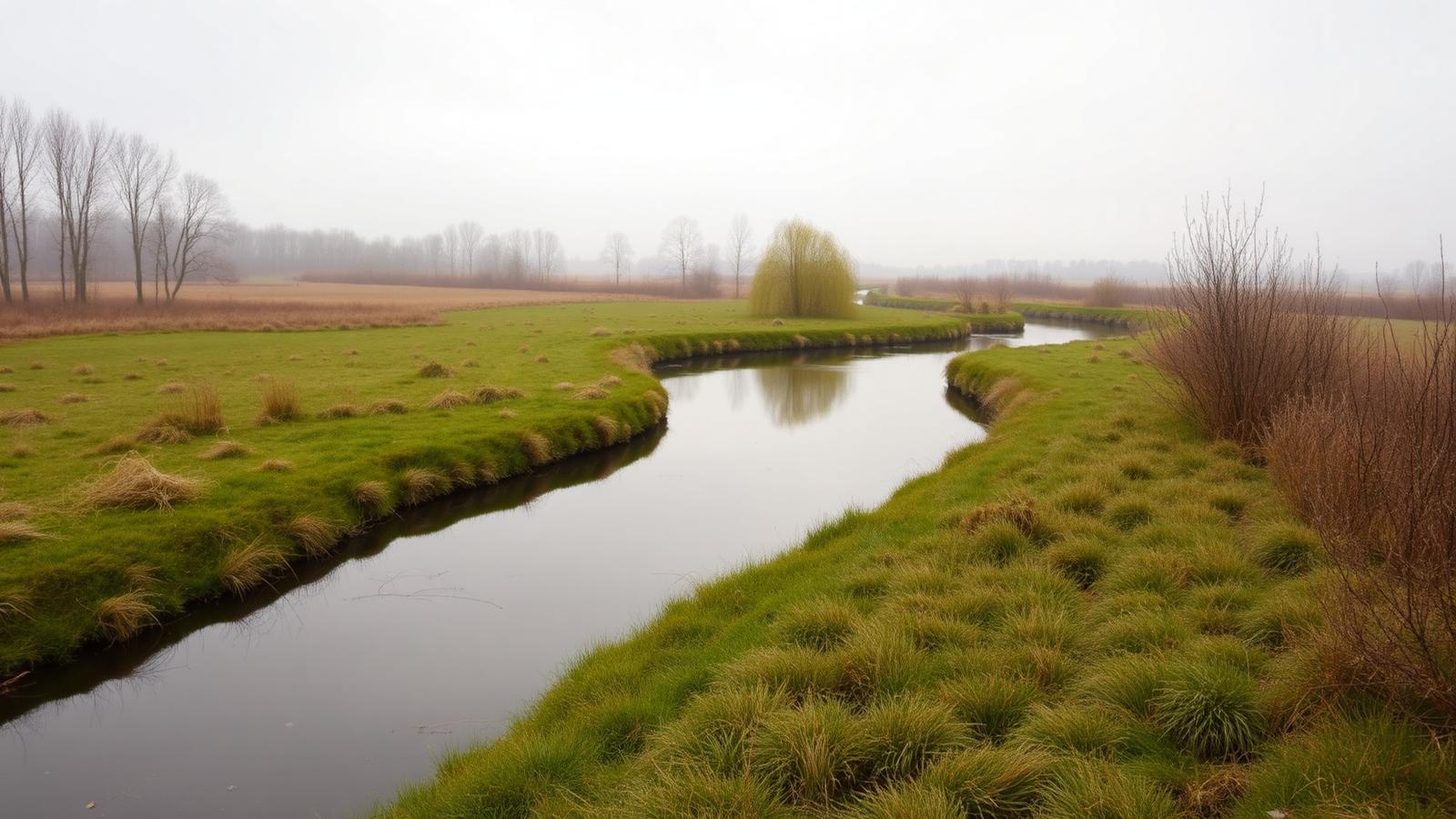Meanderende beek in het Reggedal met hooiland, wilgen langs de oever en lage ochtendnevel boven het water.