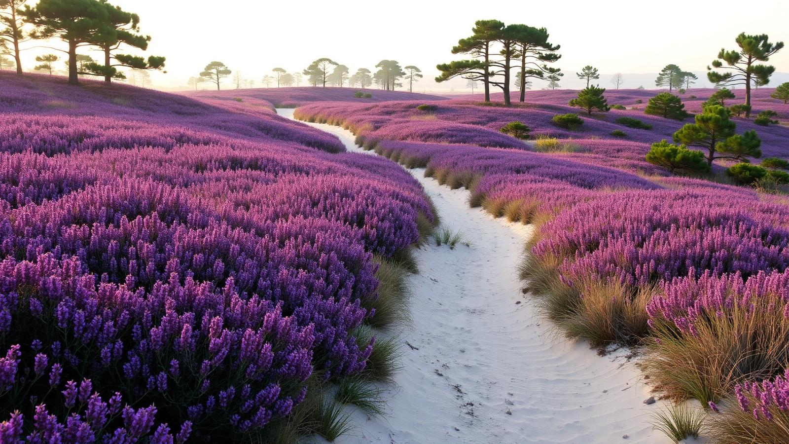 Paars bloeiende heide met zandpad en verspreide vliegdennen op de Sallandse Heuvelrug bij Holten.