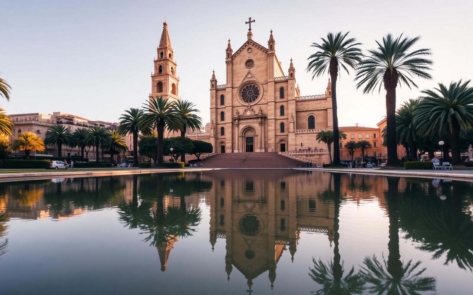 De gotische kathedraal van Palma de Mallorca gespiegeld in het waterbassin van Parc de la Mar met palmen.