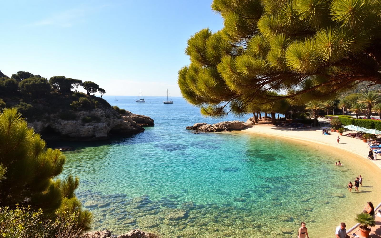 Beschutte baai met helder turkoois water, pijnbomen en een zandstrand met palmen bij Palma Nova op Mallorca.
