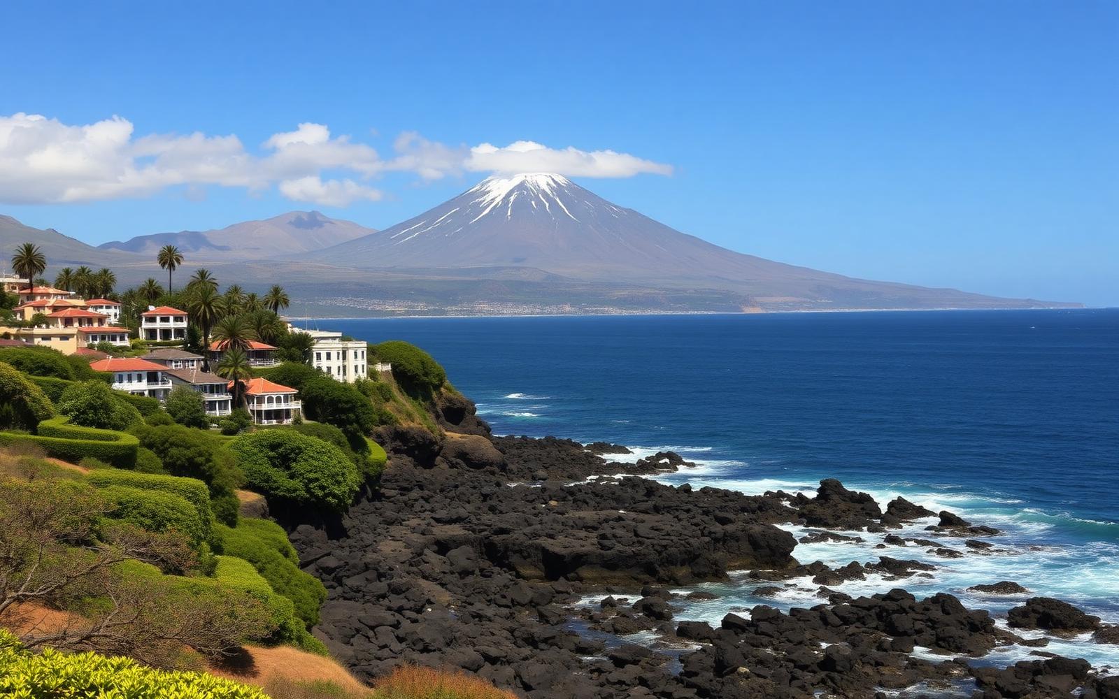 Uitzicht over Puerto de la Cruz aan de noordkust van Tenerife met de besneeuwde top van de Teide op de achtergrond.