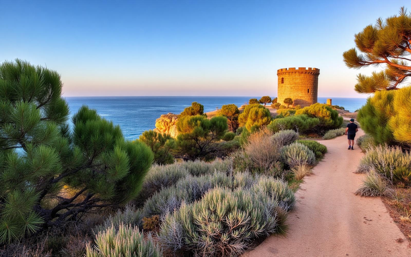 Zandpad tussen pijnbomen en lage duinvegetatie op de landtong Punta de n'Amer aan de oostkust van Mallorca.