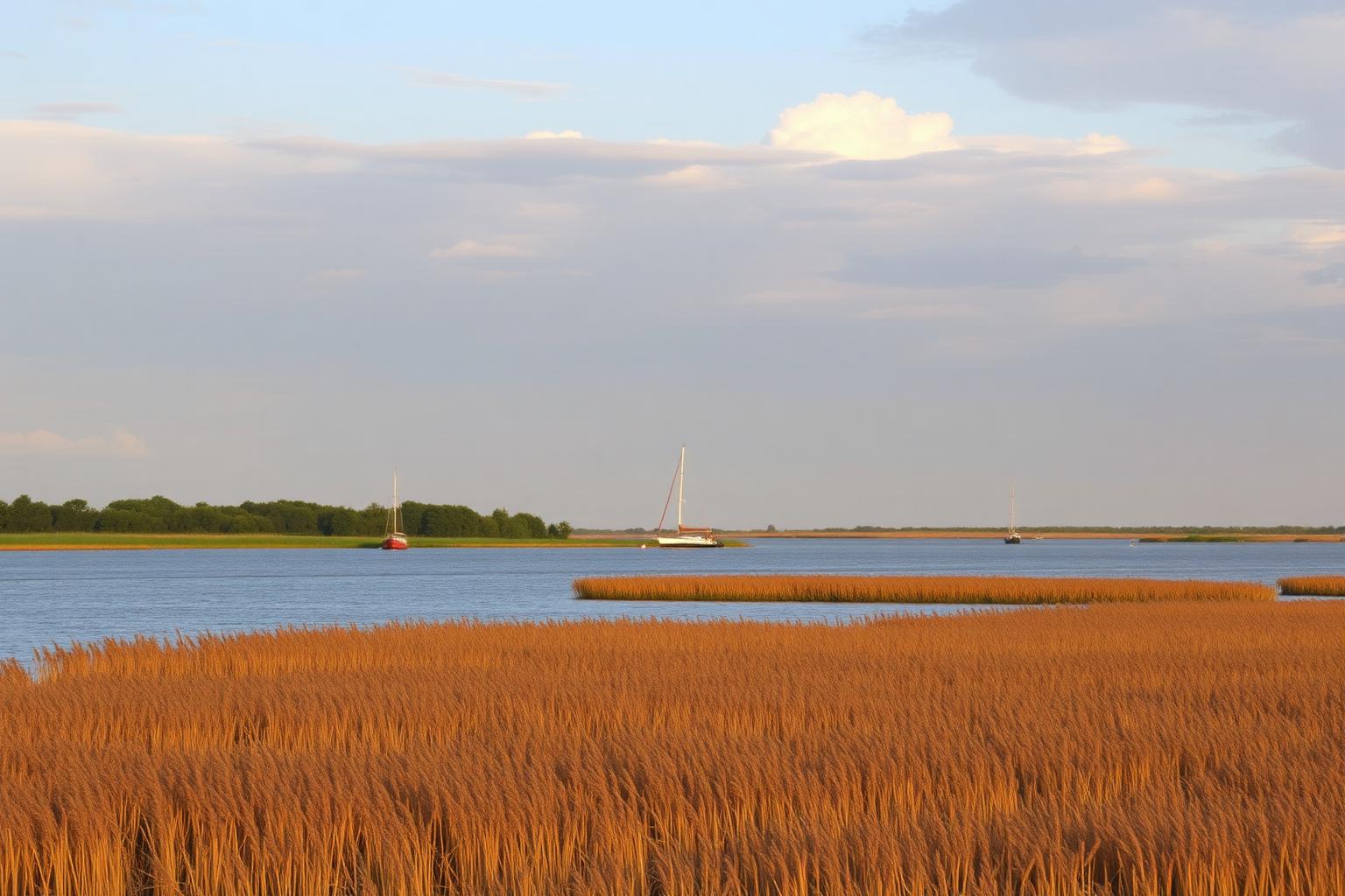 Breed randmeer bij Oldebroek met gouden rietkragen op de voorgrond en enkele zeilboten op het water.