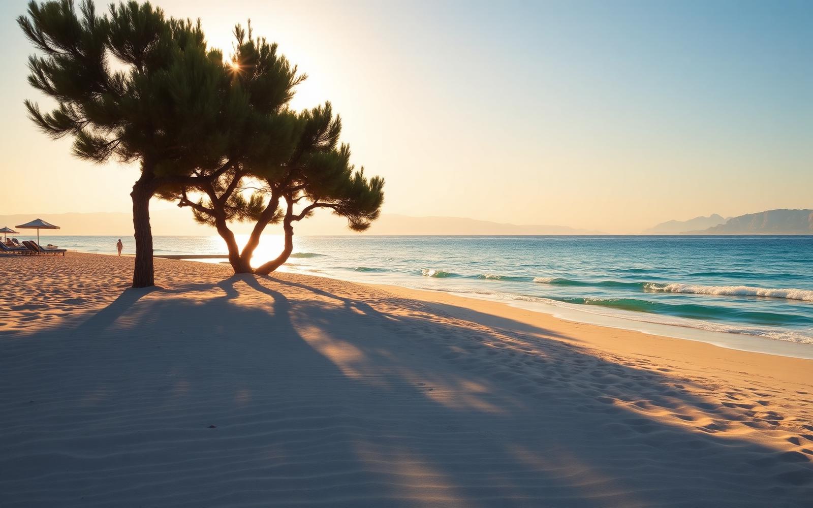 Breed zandstrand met palmen en kalme zee aan de noordkust van Kreta bij Rethymnon in de late namiddag.
