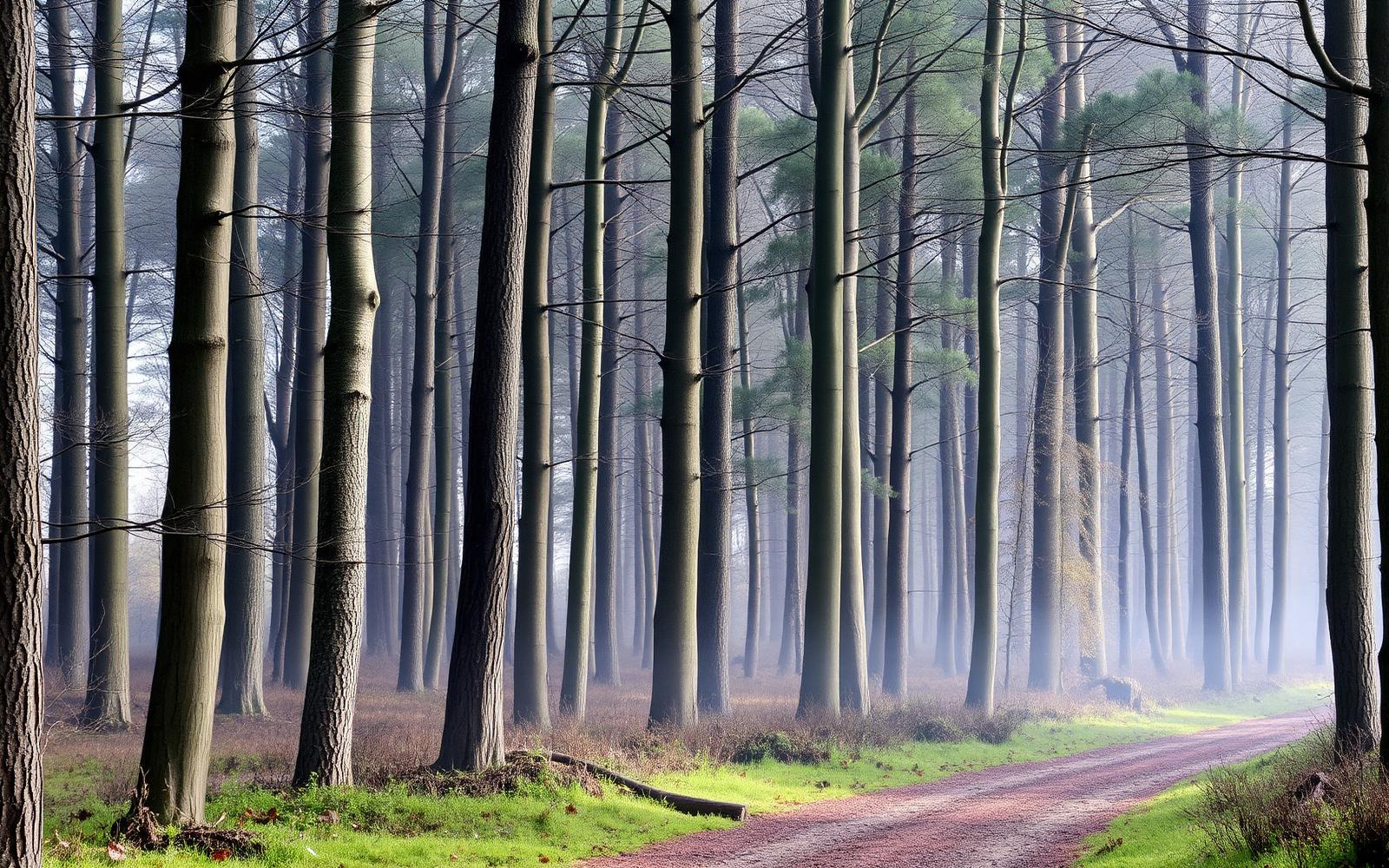 Beukenbos met ochtendmist en een bospad in de Ardennen bij Saint-Hubert in de provincie Luxemburg.