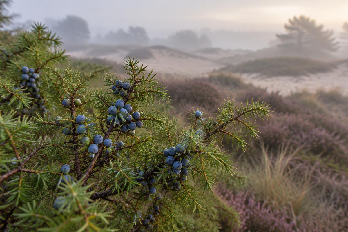 Jeneverbesstruik met blauwe bessen op een heideveld met stuifzand in de ochtendmist.
