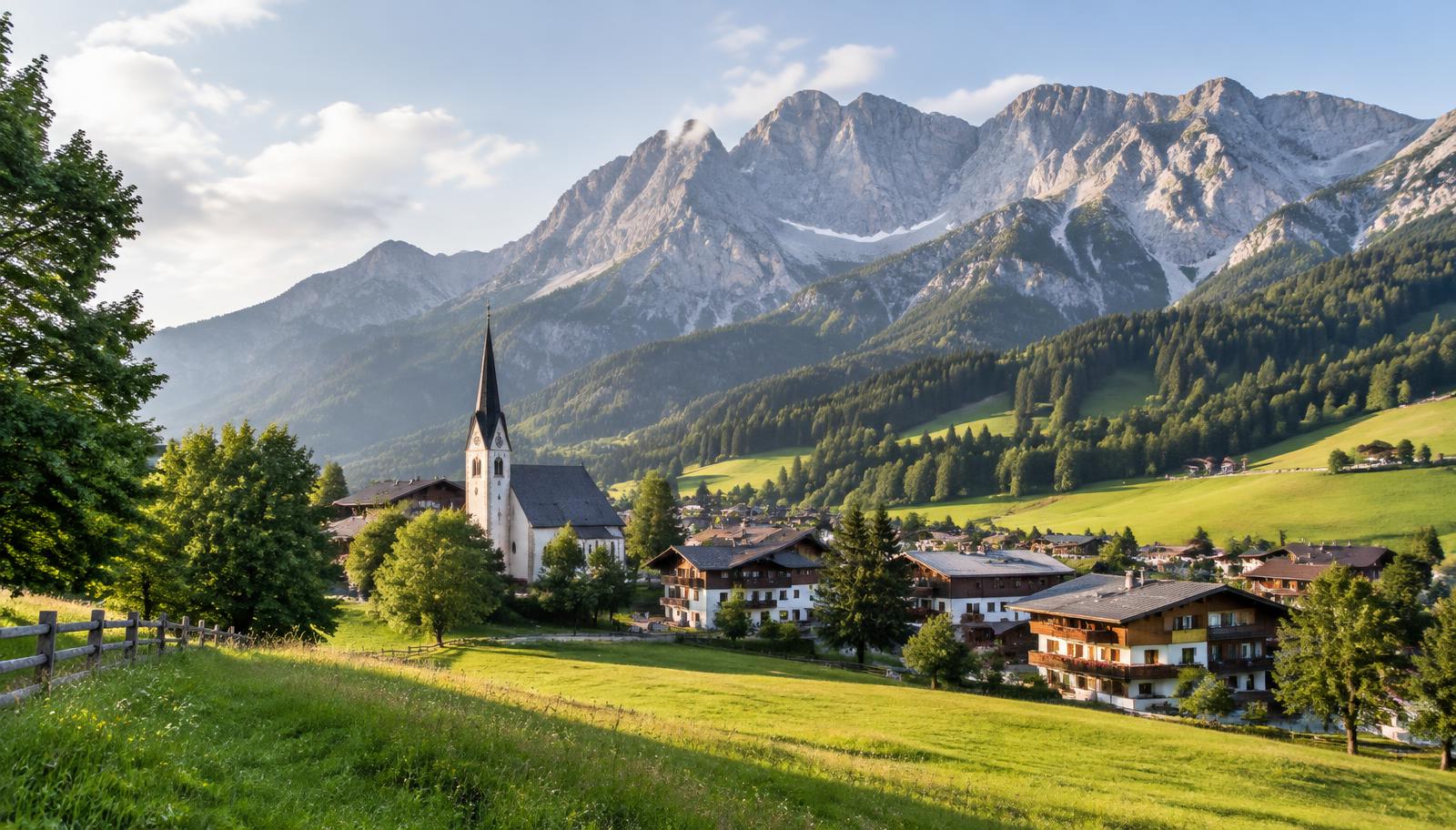 Bergdorp Maria Alm met kerktoren voor de kalkwanden van het Steinernes Meer in de zomer
