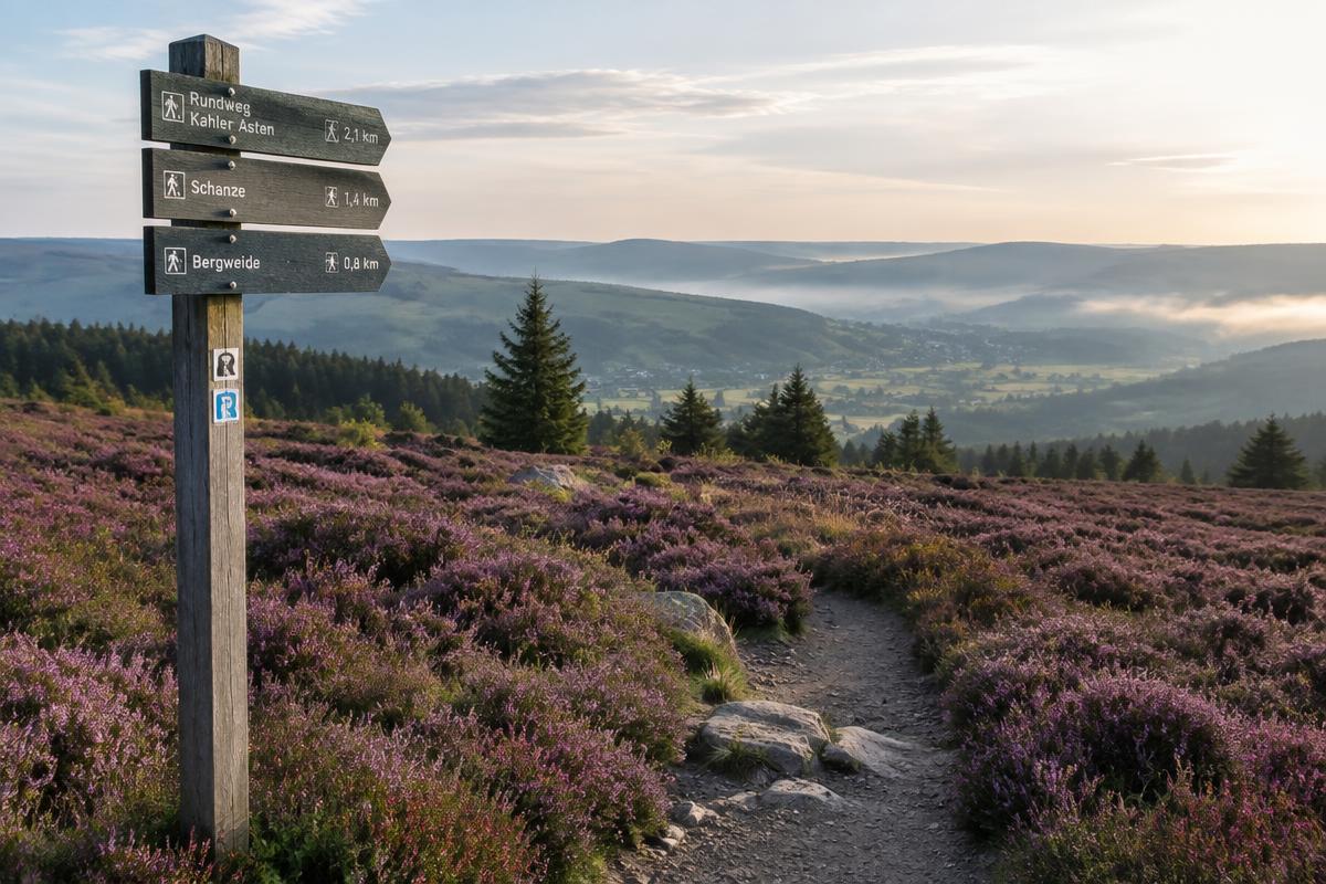 Een wandelpad door paarse heide op een heuveltop, met een houten wegwijzer en mistige dalen op de achtergrond.