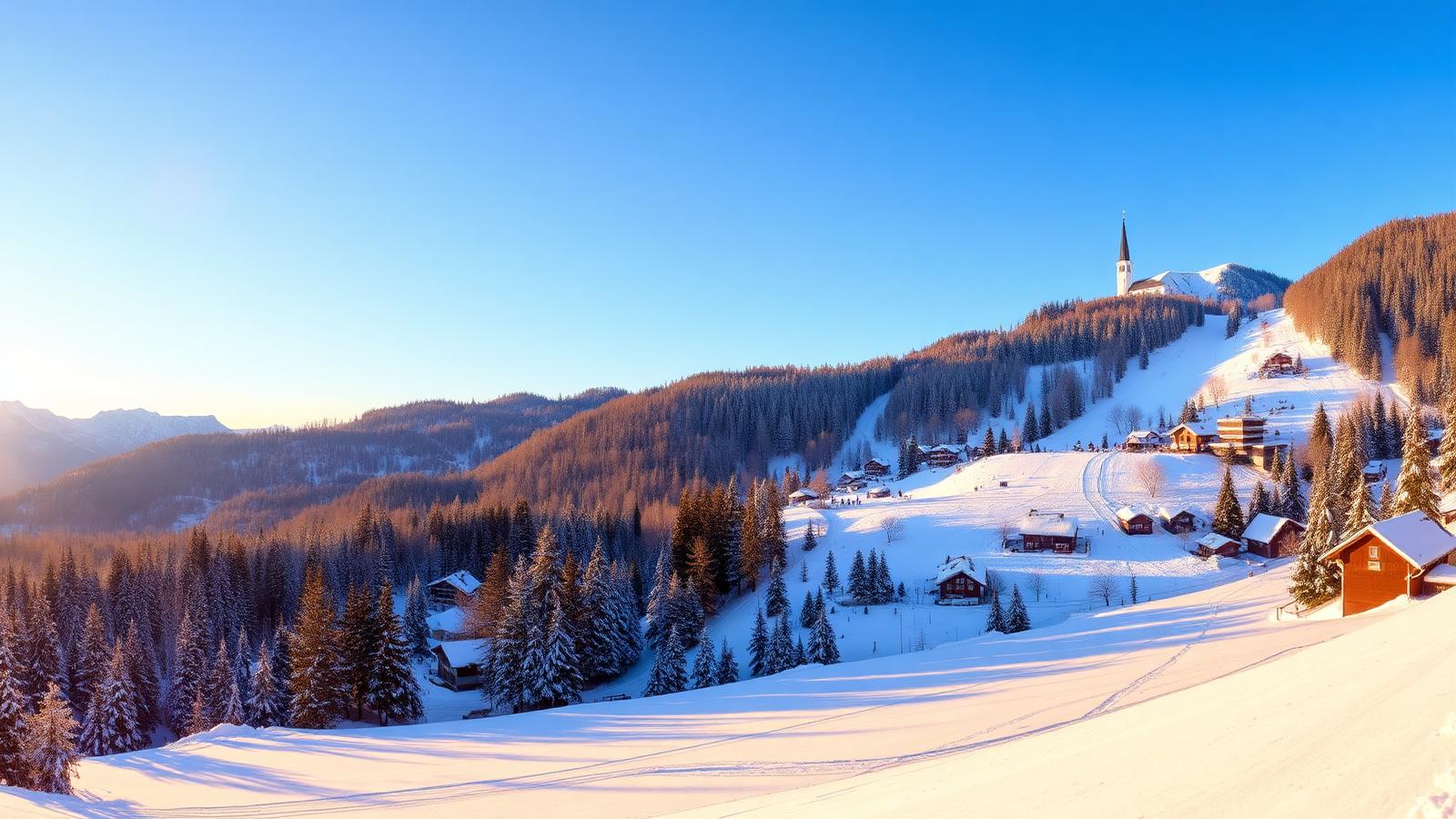 Besneeuwde skipistes op de Planai boven Schladming met gondelbaan en de Dachsteinbergen op de achtergrond.