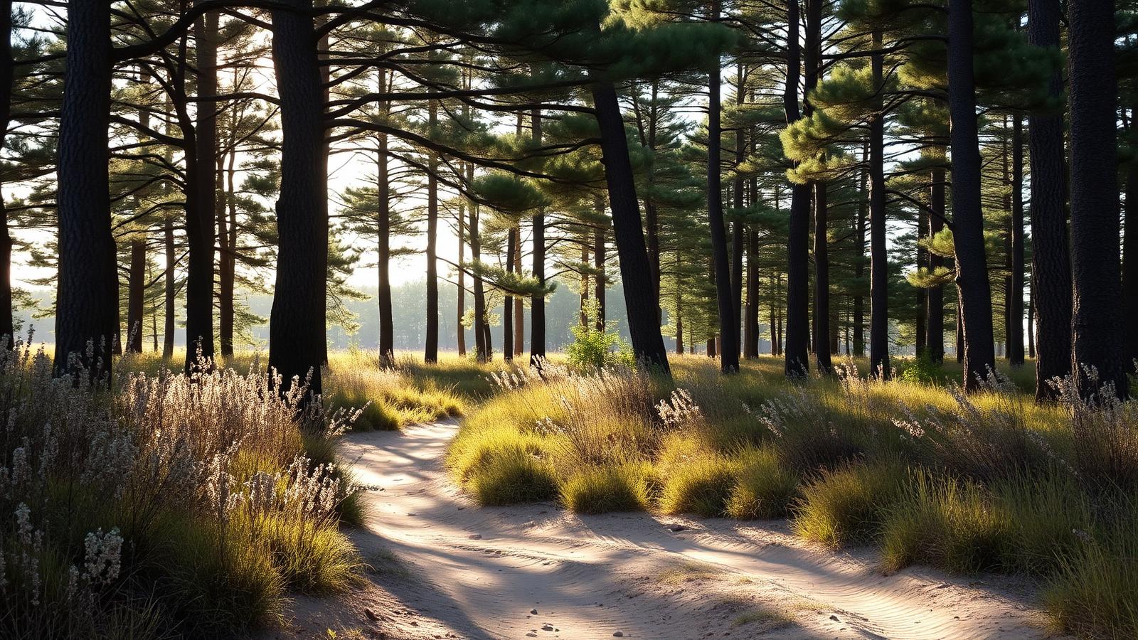 Duinbos bij Schoorl met hoge pijnbomen, heide en een zandpad in ochtendlicht.