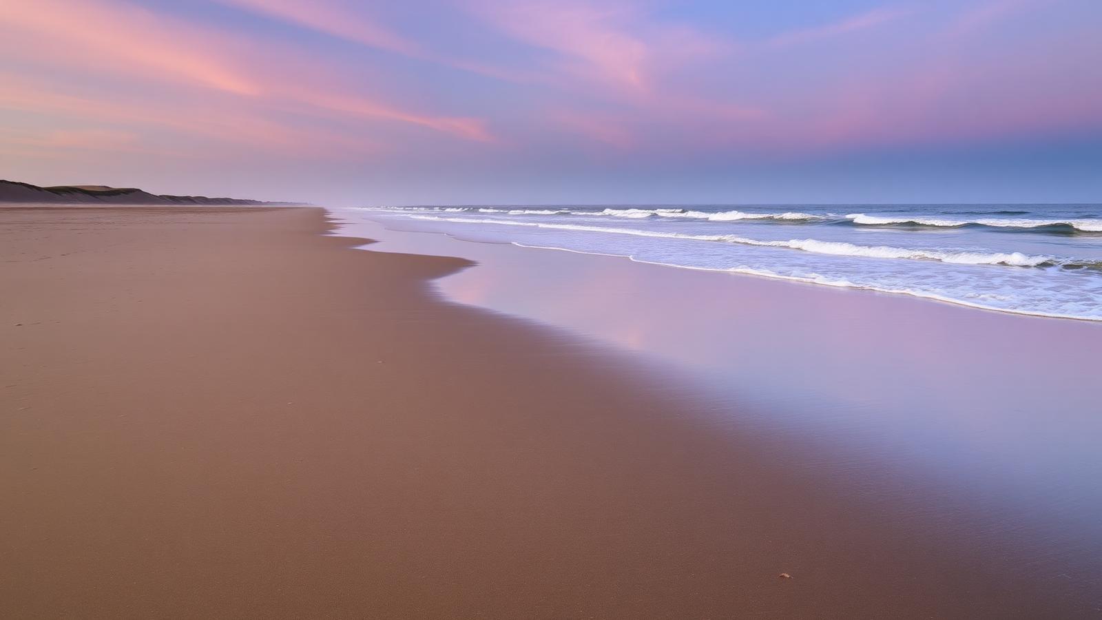Breed leeg Noordzeestrand met lage branding en pastelkleurige avondlucht boven de kust van Schouwen.