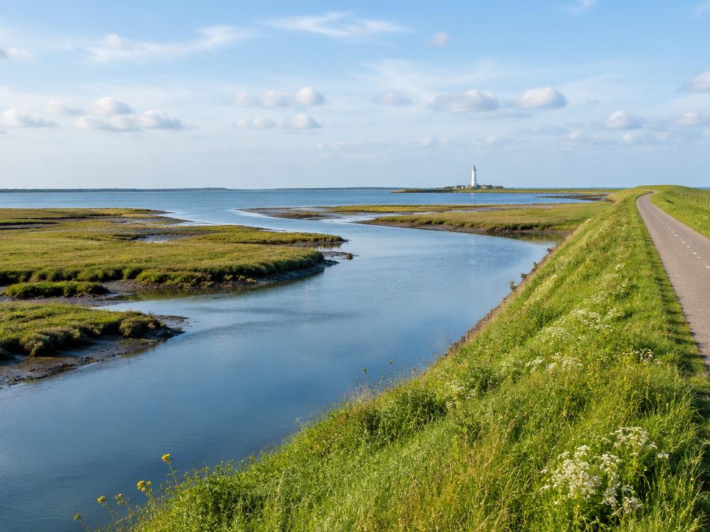 Stille kreek van de Oosterschelde met kwelders, een dijk met fietspad en een witte vuurtoren in de verte.